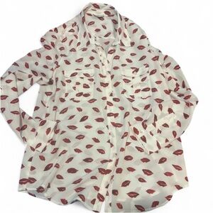 Joie White Red Lips Print Button Down Shirt Women's Long Sleeve Casual Top